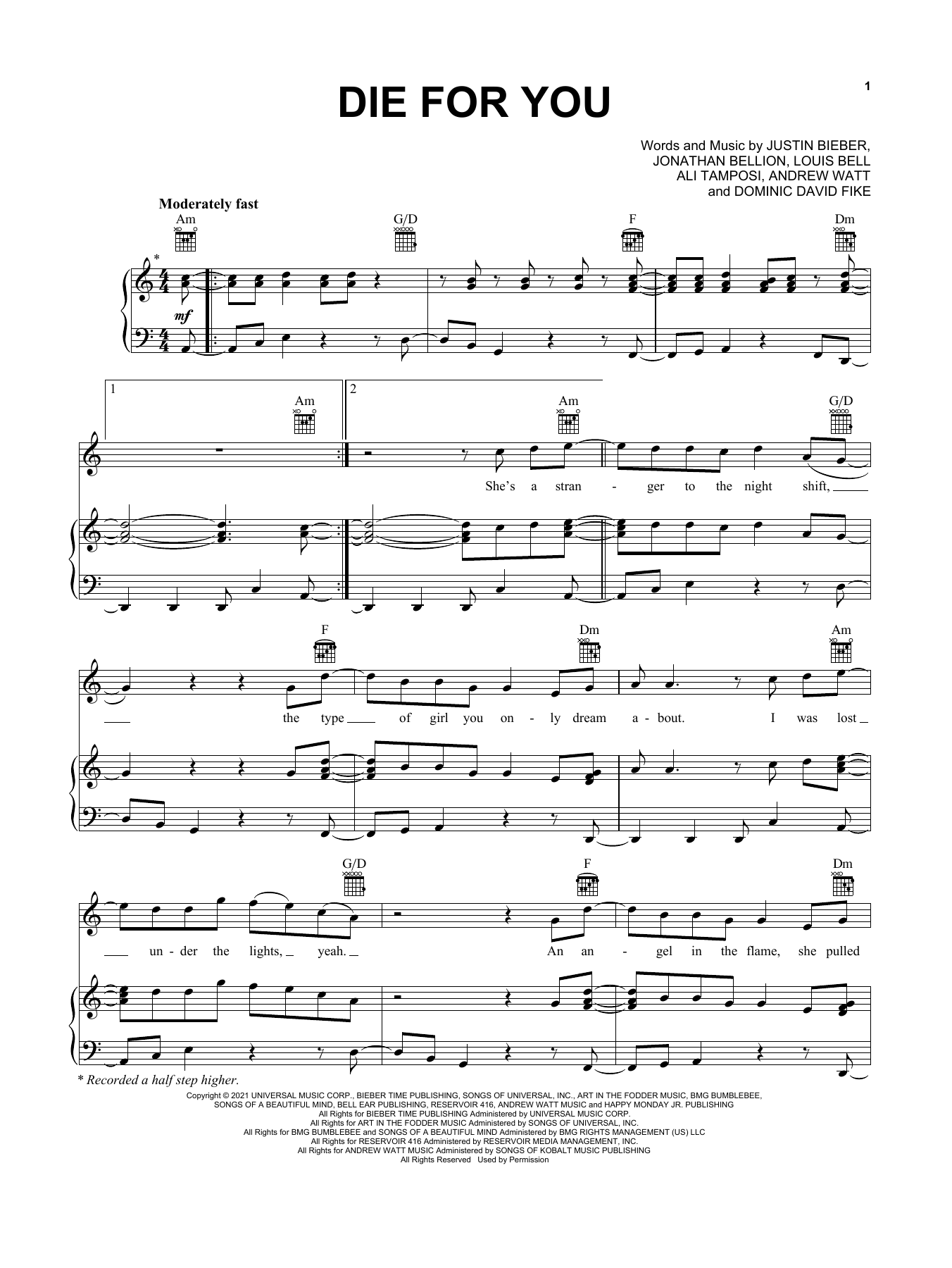 Download Justin Bieber Die For You (feat. Dominic Fike) Sheet Music
