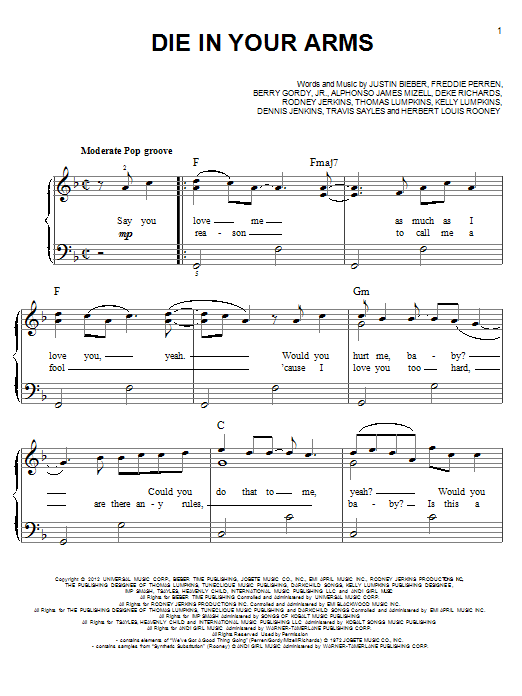 Download Justin Bieber Die In Your Arms Sheet Music