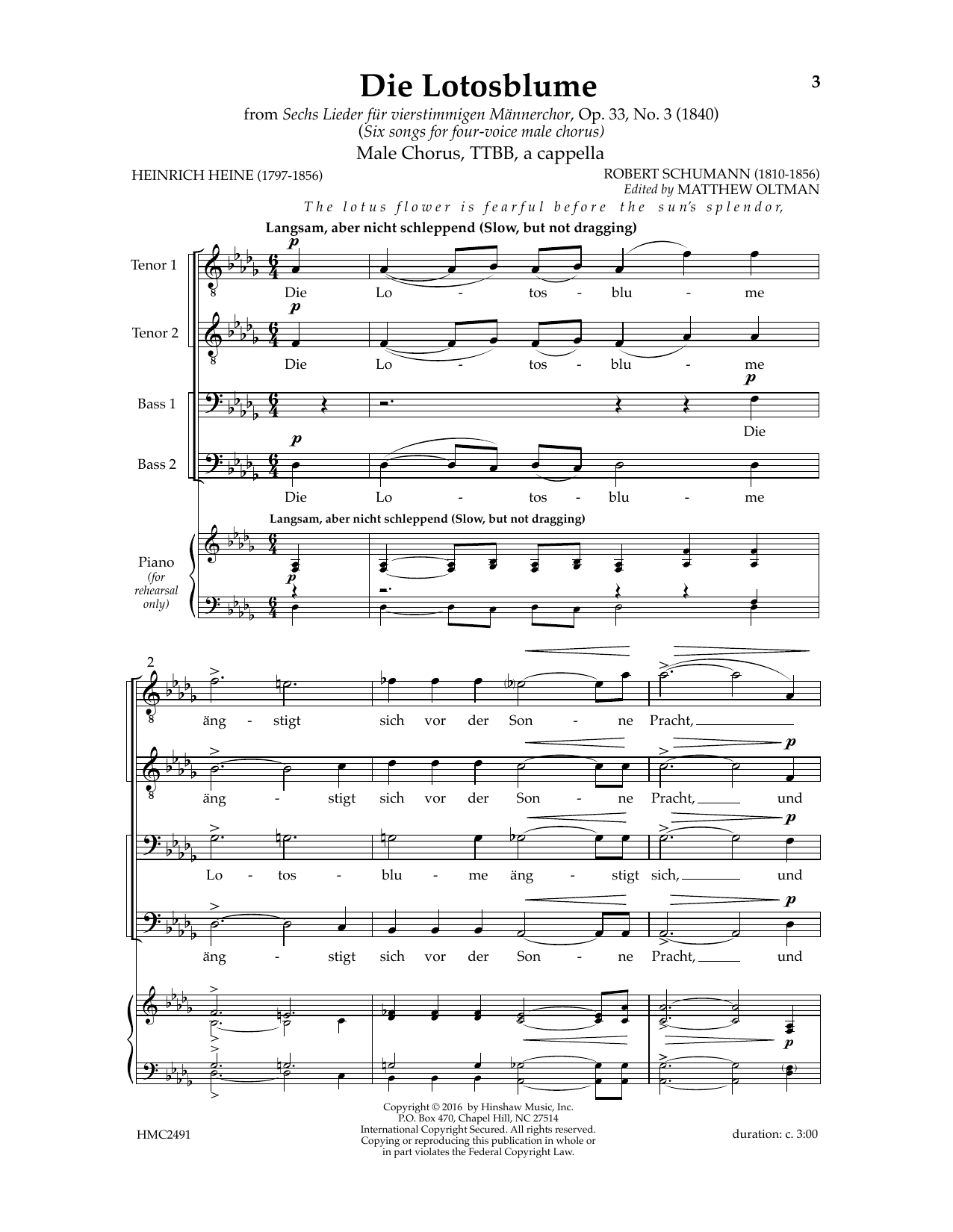 Download Robert Schumann Die Lotosblume (Ed. Matthew D. Oltman) Sheet Music