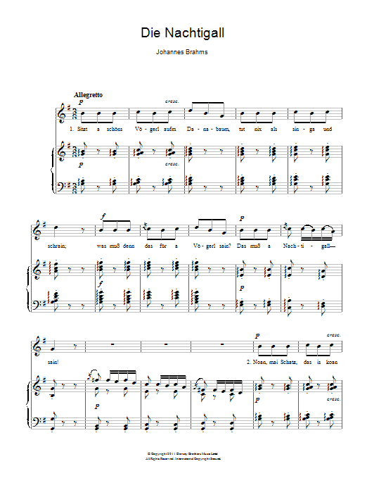Download Johannes Brahms Die Nachtigall Sheet Music