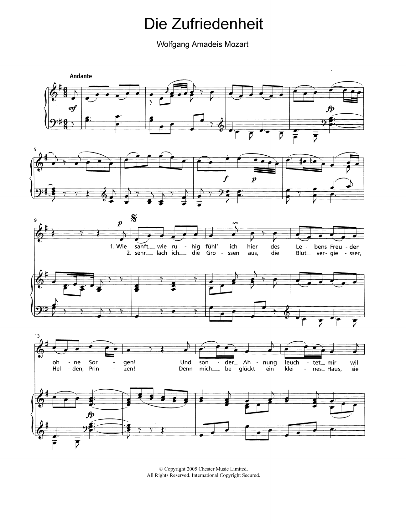 Download Wolfgang Amadeus Mozart Die Zufriedenheit K.473 Sheet Music