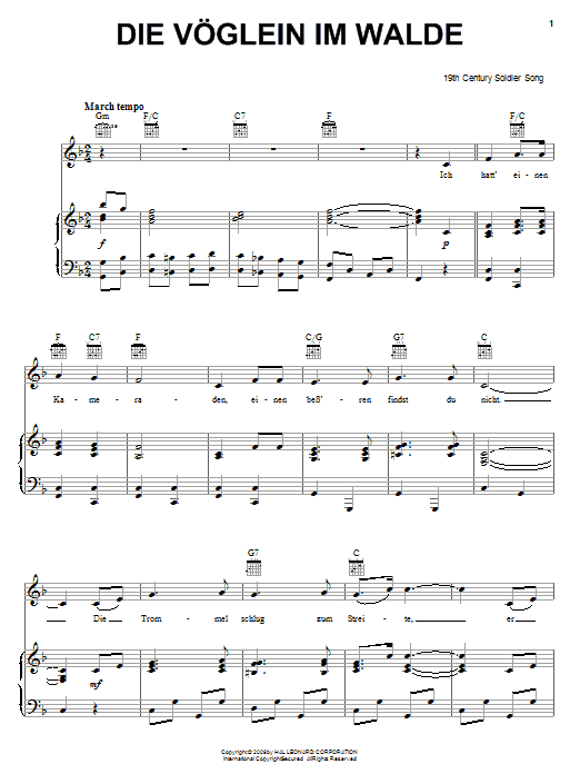 19th Century Soldier Song Die Voglein Im Walde sheet music notes printable PDF score