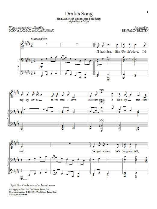 Download Benjamin Britten Dink's Song Sheet Music