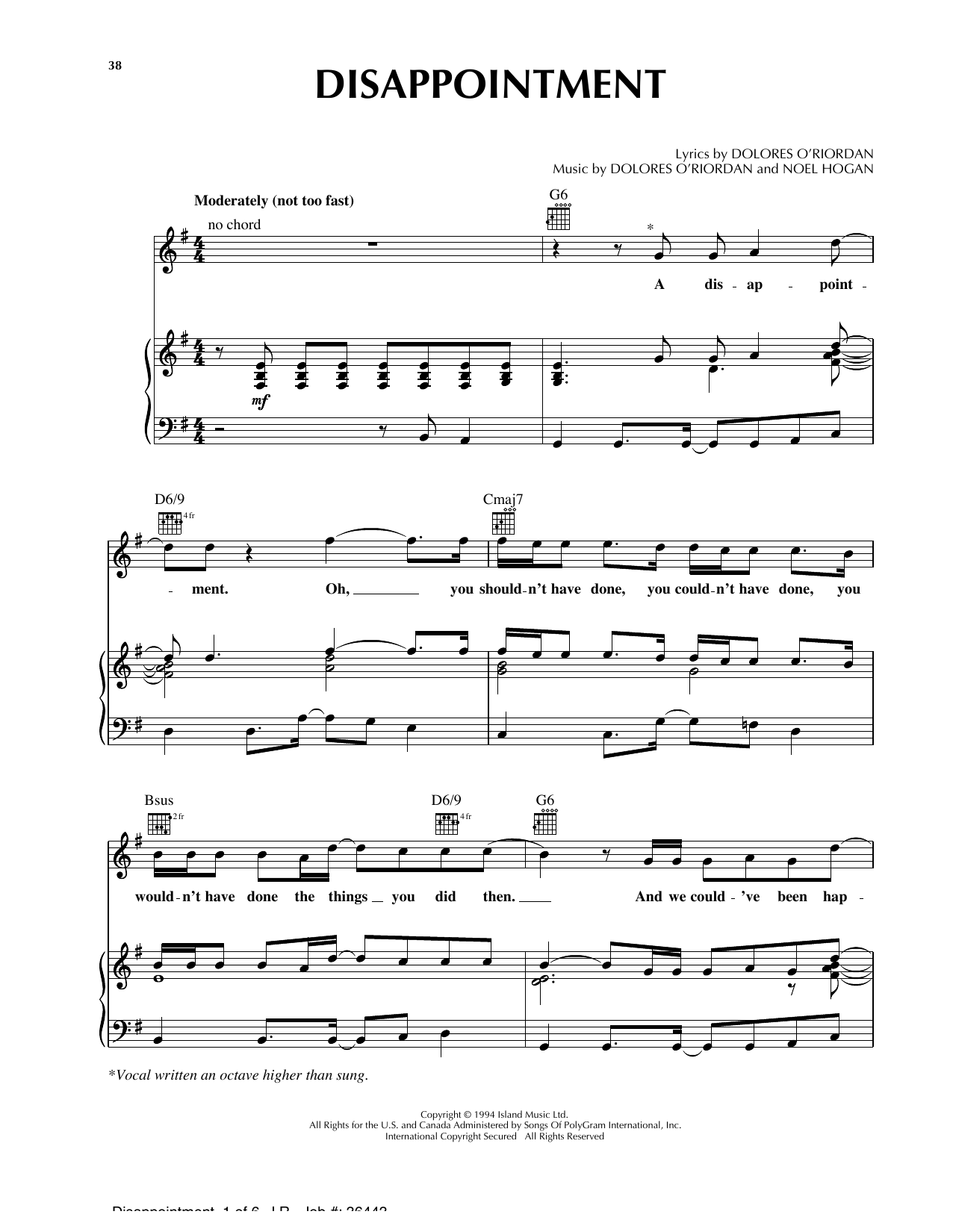 Download The Cranberries Disappointment Sheet Music