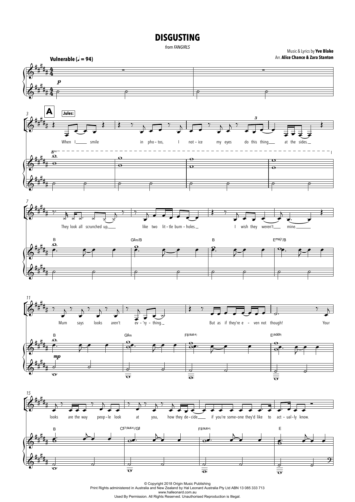 Download Yve Blake Disgusting (from Fangirls) (arr. Alice Sheet Music