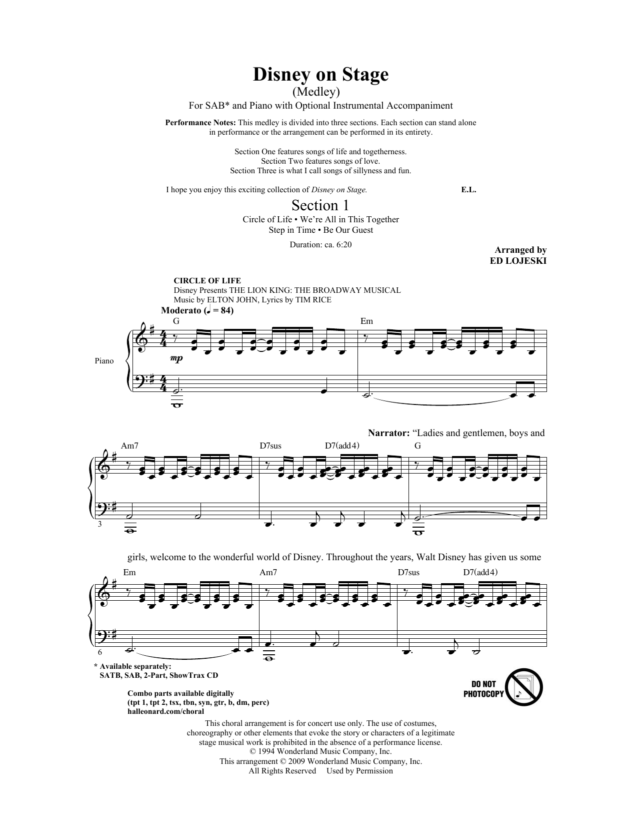 Download Ed Lojeski Disney On Stage (Medley) Sheet Music