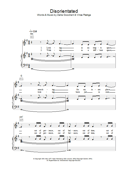 Delta Goodrem Disorientated sheet music notes printable PDF score