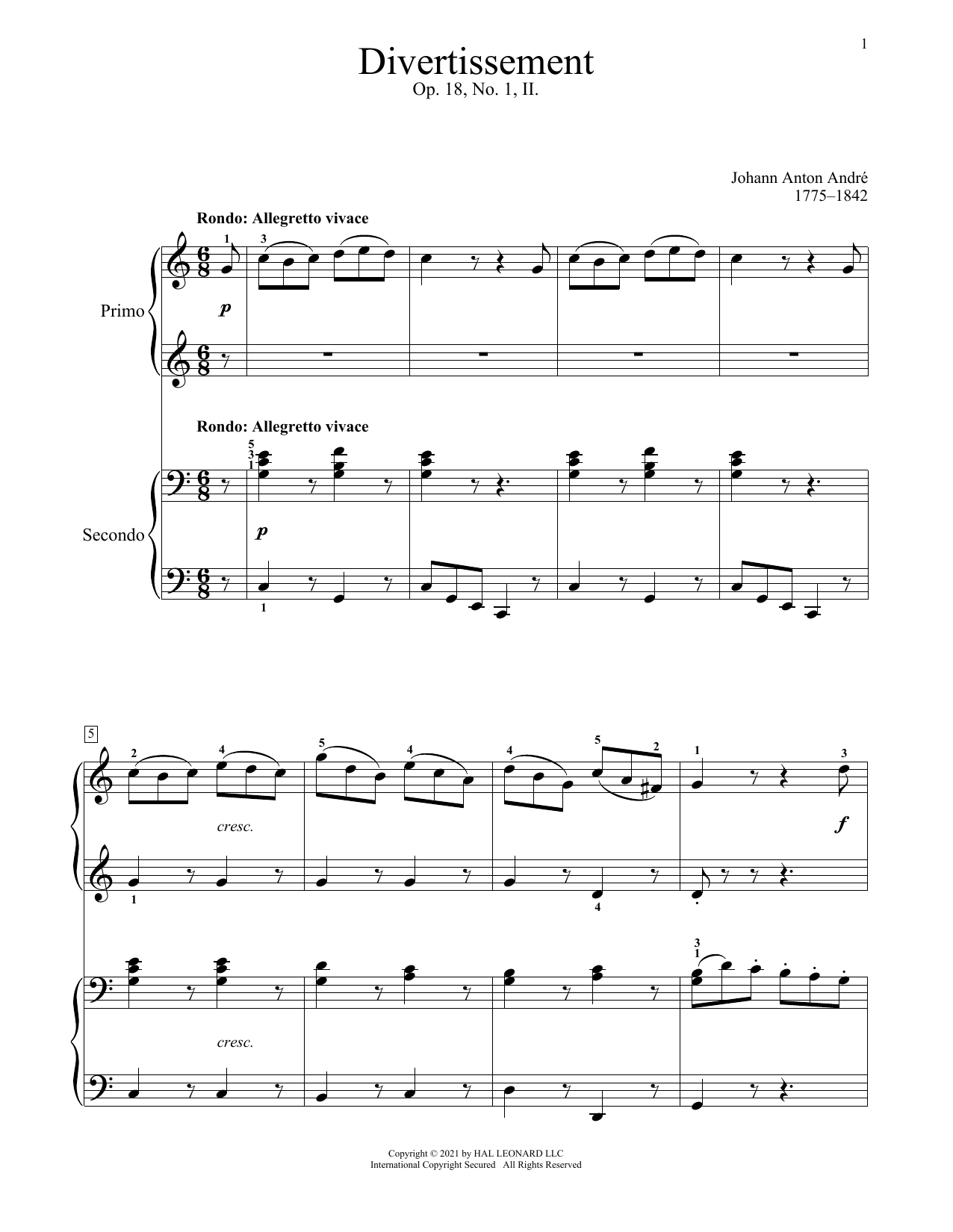 Download Johann Anton Andre Divertissement, Op. 18, No. 1 (II. Rond Sheet Music