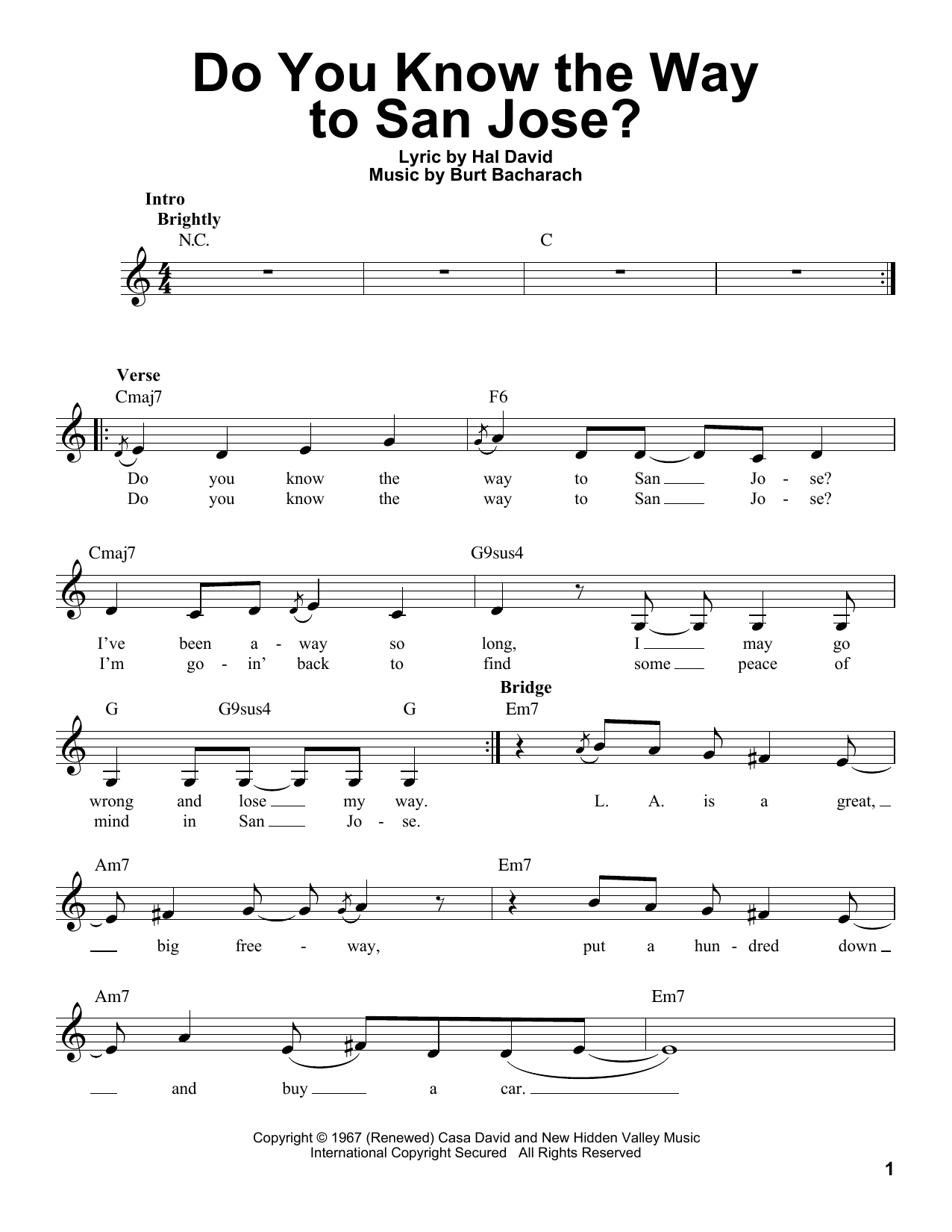 Download Dionne Warwick Do You Know The Way To San Jose Sheet Music