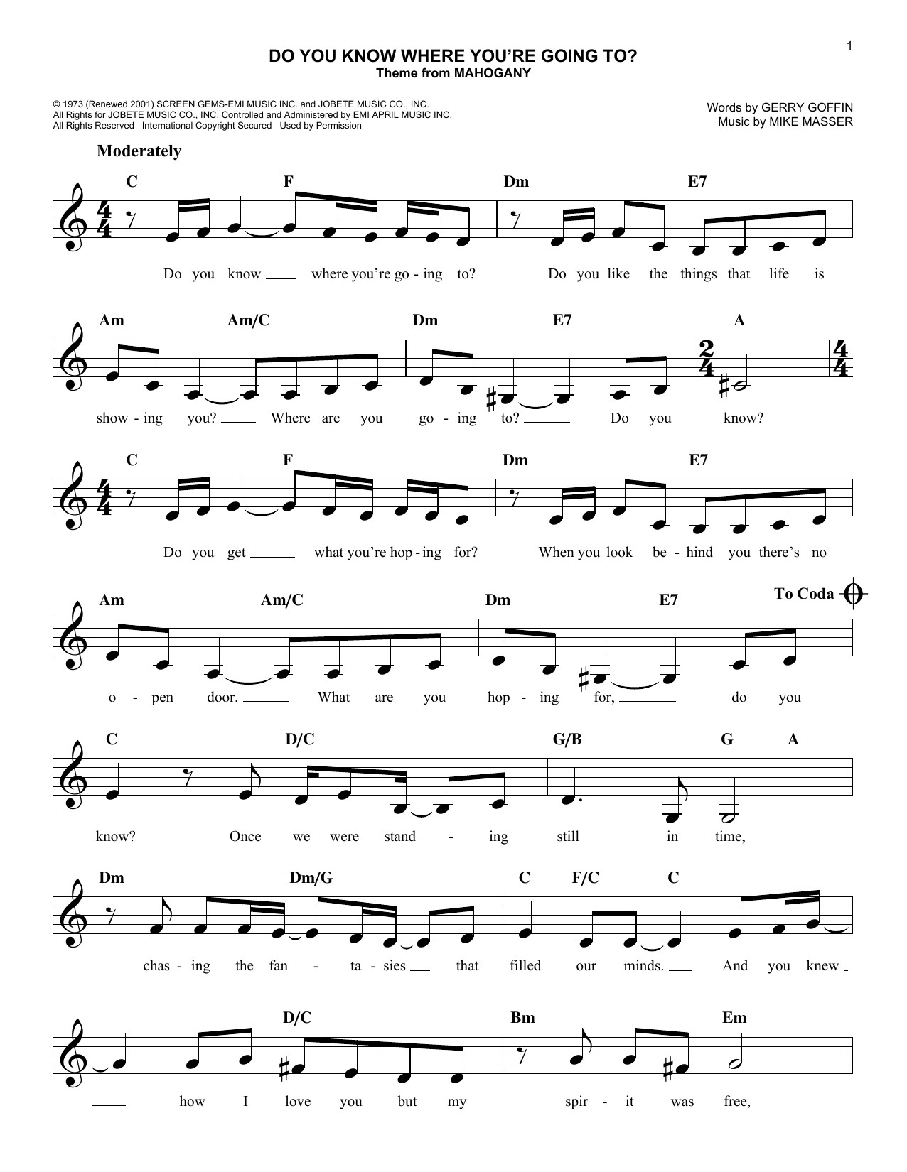 Download Diana Ross Do You Know Where You're Going To? Sheet Music