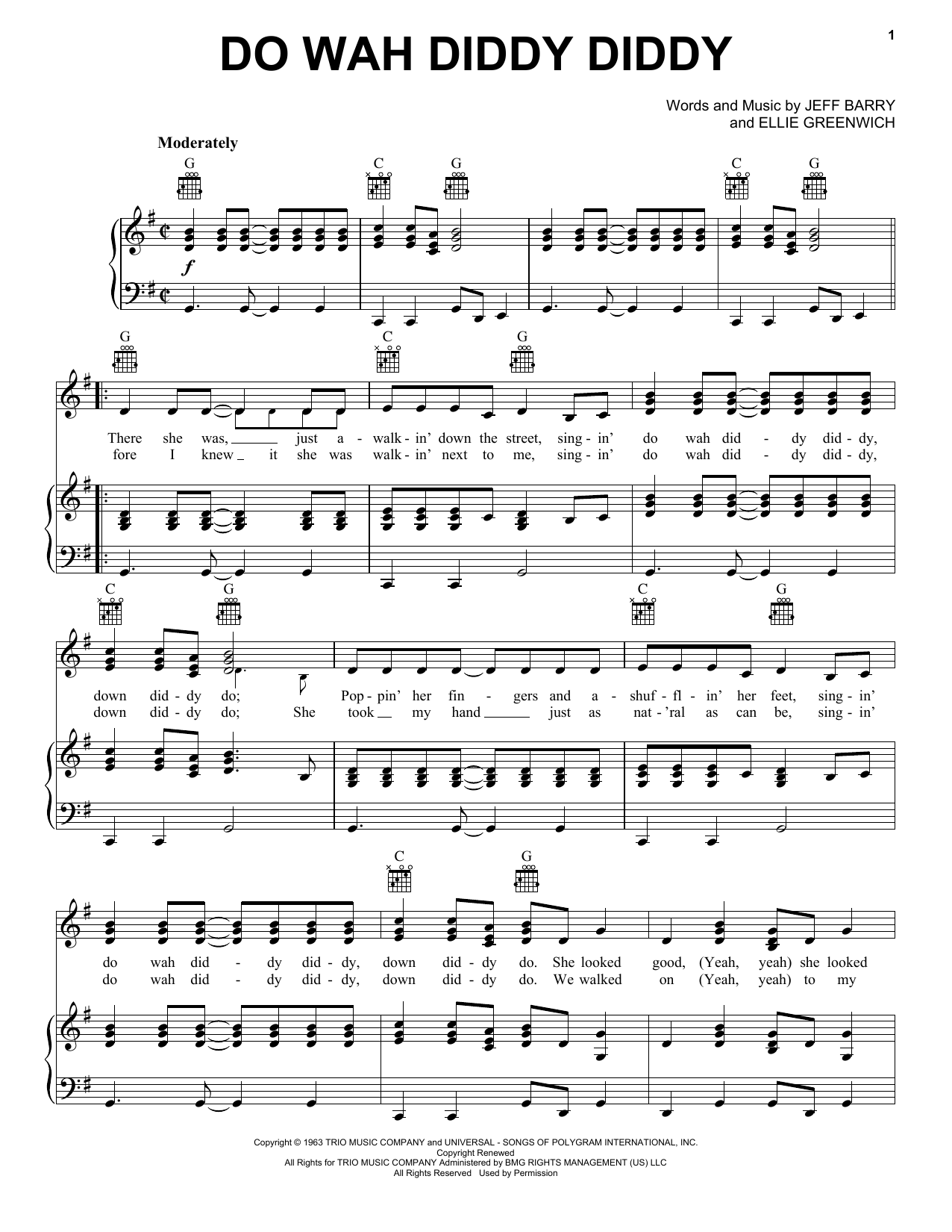 Manfred Mann Do Wah Diddy Diddy sheet music notes printable PDF score