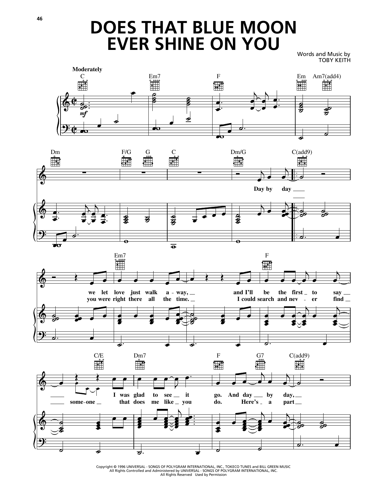Download Toby Keith Does That Blue Moon Ever Shine On You Sheet Music