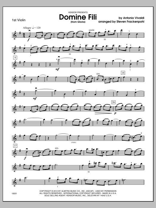 Download Frackenpohl Domine Fili (from Gloria) - Violin 1 Sheet Music