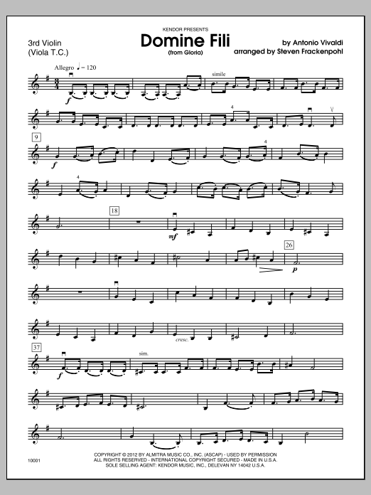 Download Frackenpohl Domine Fili (from Gloria) - Violin 3 Sheet Music