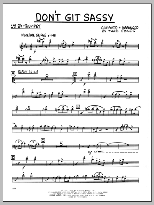 Download Thad Jones Don't Git Sassy - 1st Bb Trumpet Sheet Music