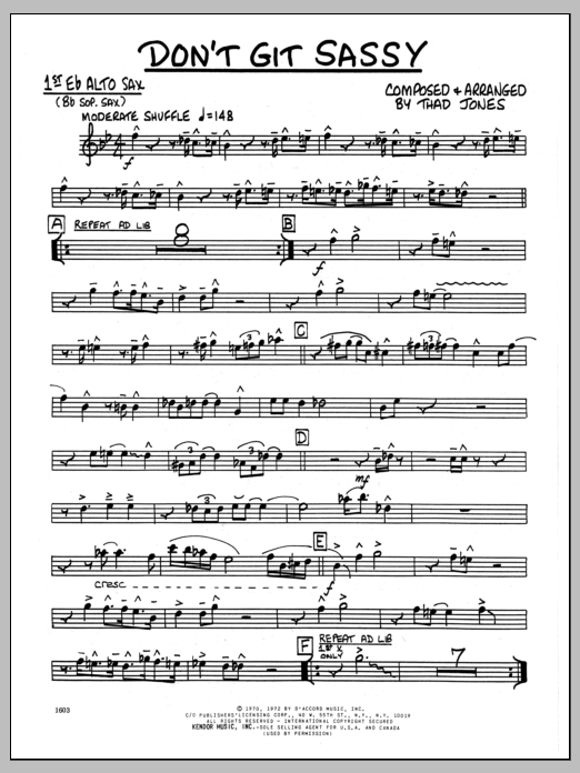 Download Thad Jones Don't Git Sassy - 1st Eb Alto Saxophone Sheet Music
