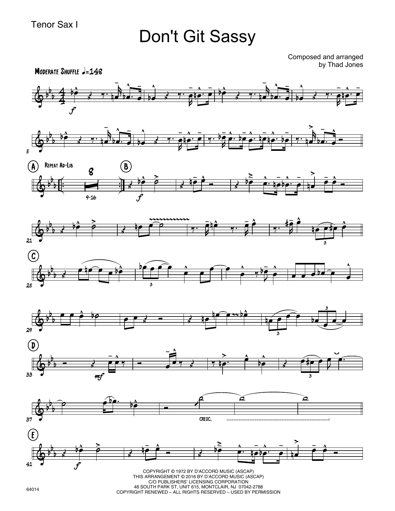 Download Thad Jones Don't Git Sassy - 1st Tenor Saxophone Sheet Music