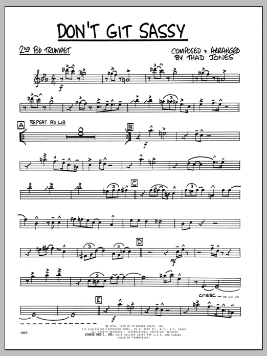 Download Thad Jones Don't Git Sassy - 2nd Bb Trumpet Sheet Music
