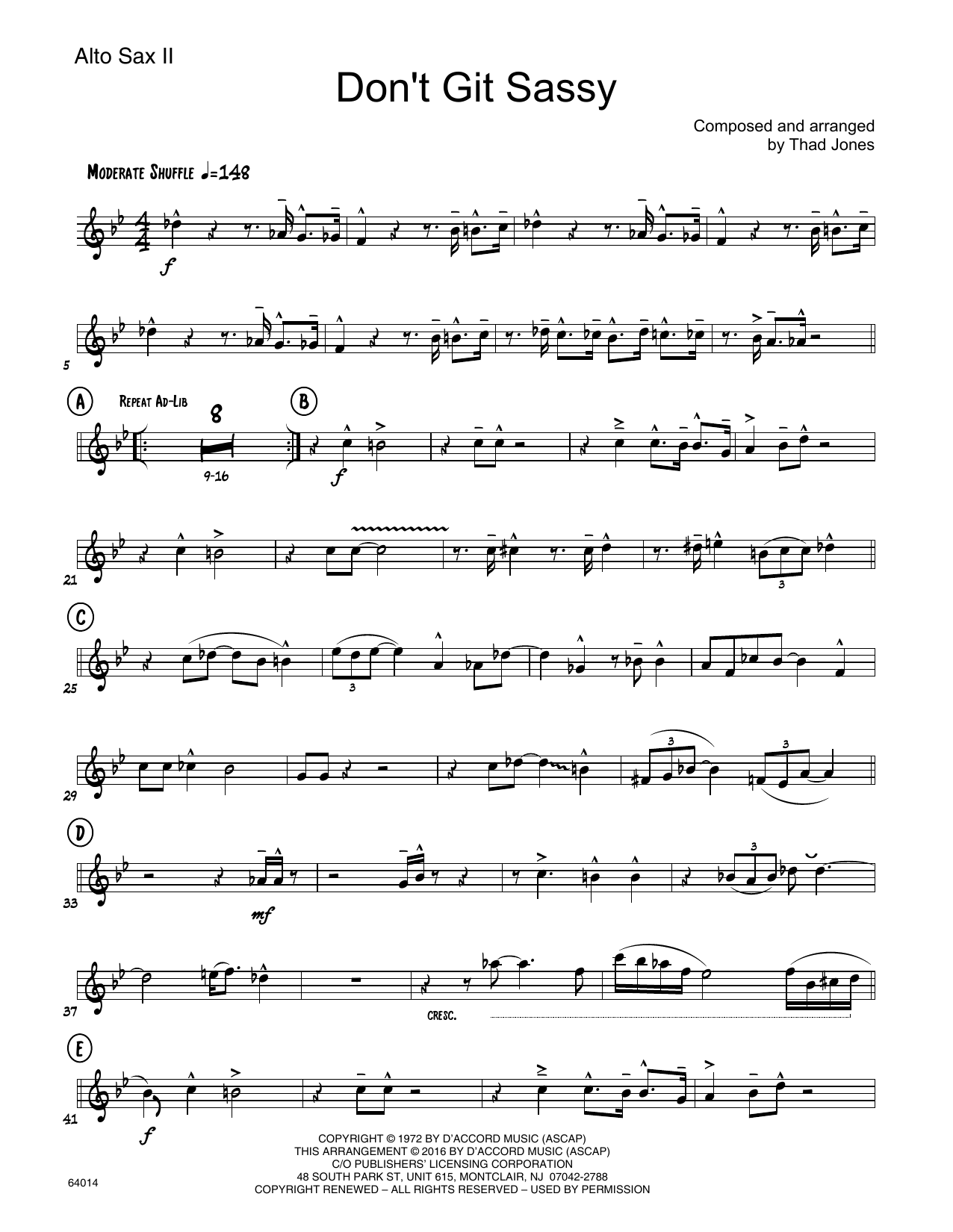 Download Thad Jones Don't Git Sassy - 2nd Eb Alto Saxophone Sheet Music