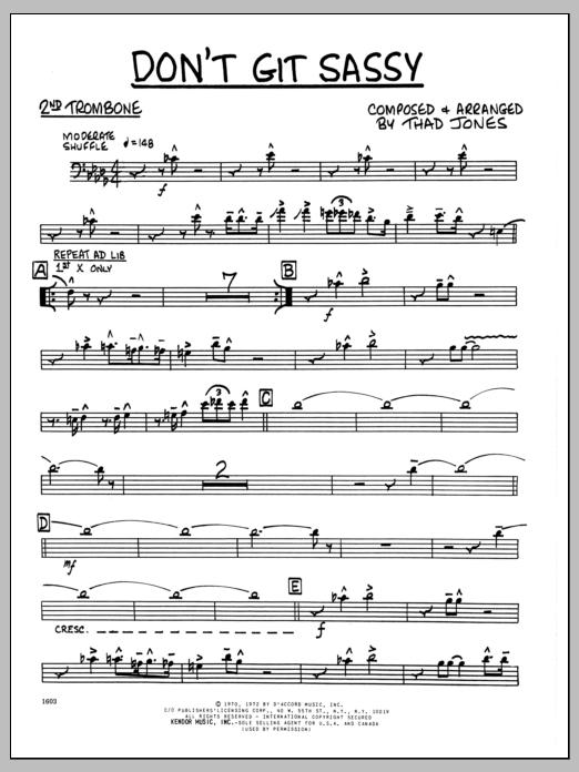 Download Thad Jones Don't Git Sassy - 2nd Trombone Sheet Music