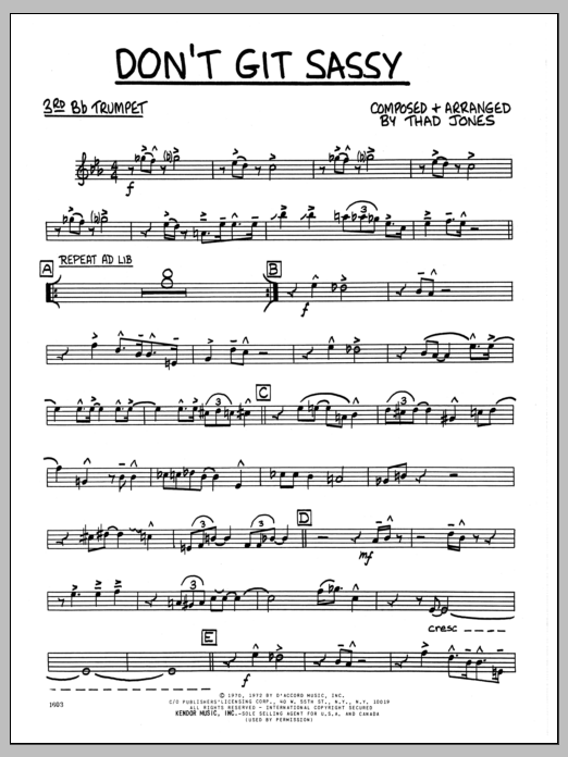Download Thad Jones Don't Git Sassy - 3rd Bb Trumpet Sheet Music
