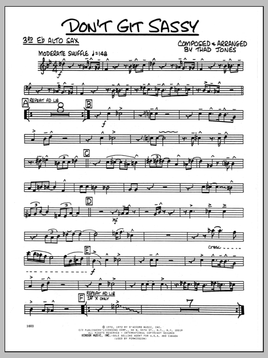 Download Thad Jones Don't Git Sassy - 3rd Eb Alto Saxophone Sheet Music