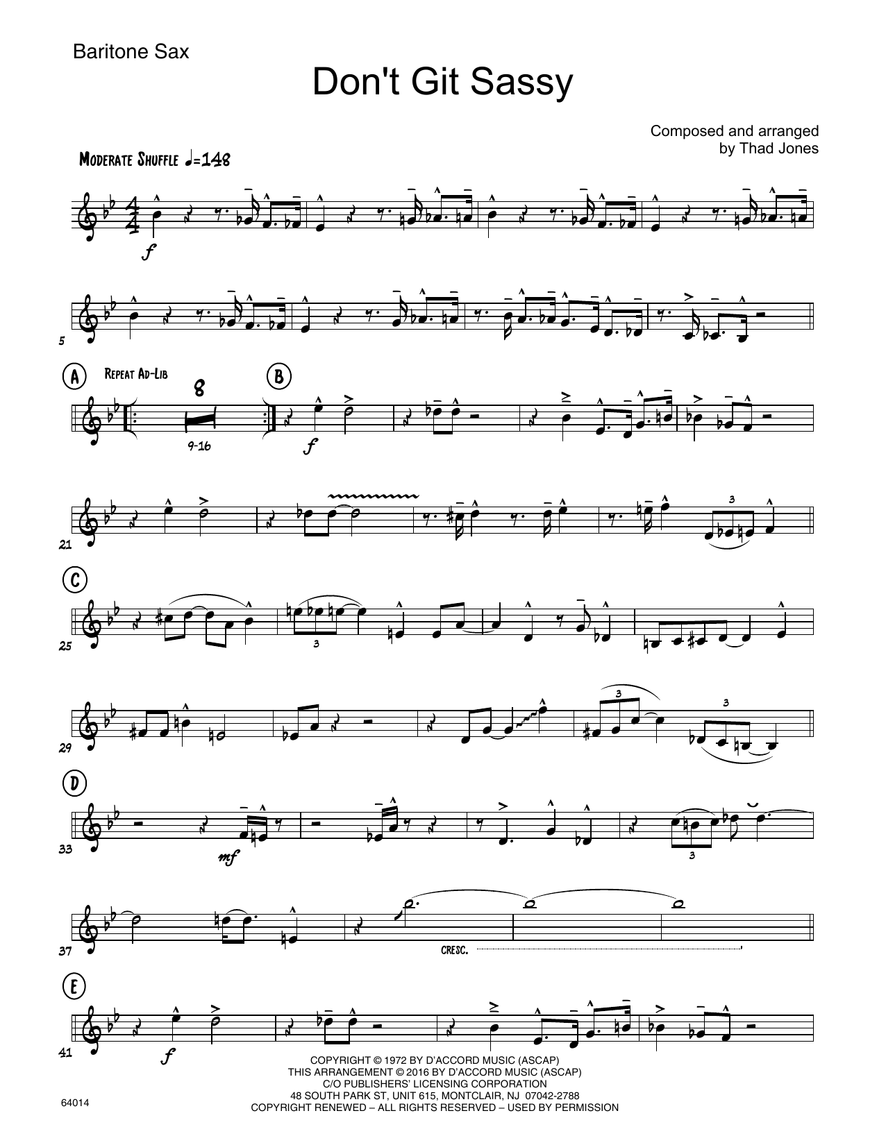 Download Thad Jones Don't Git Sassy - Eb Baritone Saxophone Sheet Music