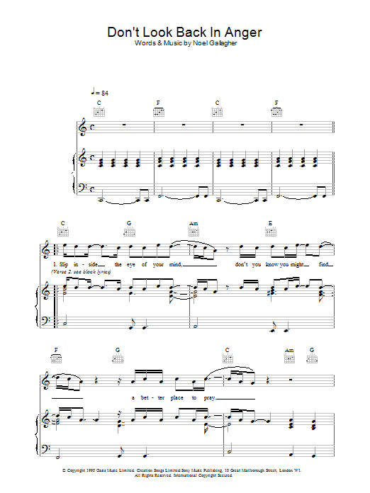 Oasis Don't Look Back In Anger sheet music notes printable PDF score