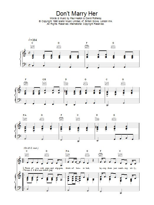 The Beautiful South Don't Marry Her sheet music notes printable PDF score
