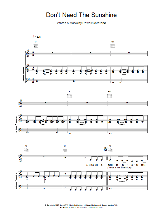 Catatonia Don't Need The Sunshine sheet music notes printable PDF score