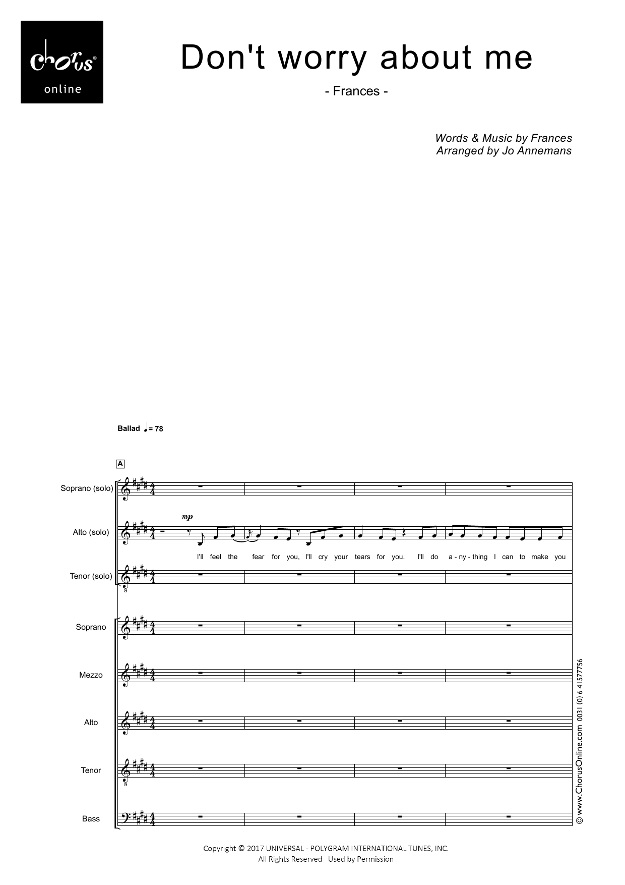 Frances Don't Worry About Me (arr. Jo Annemans) sheet music notes printable PDF score