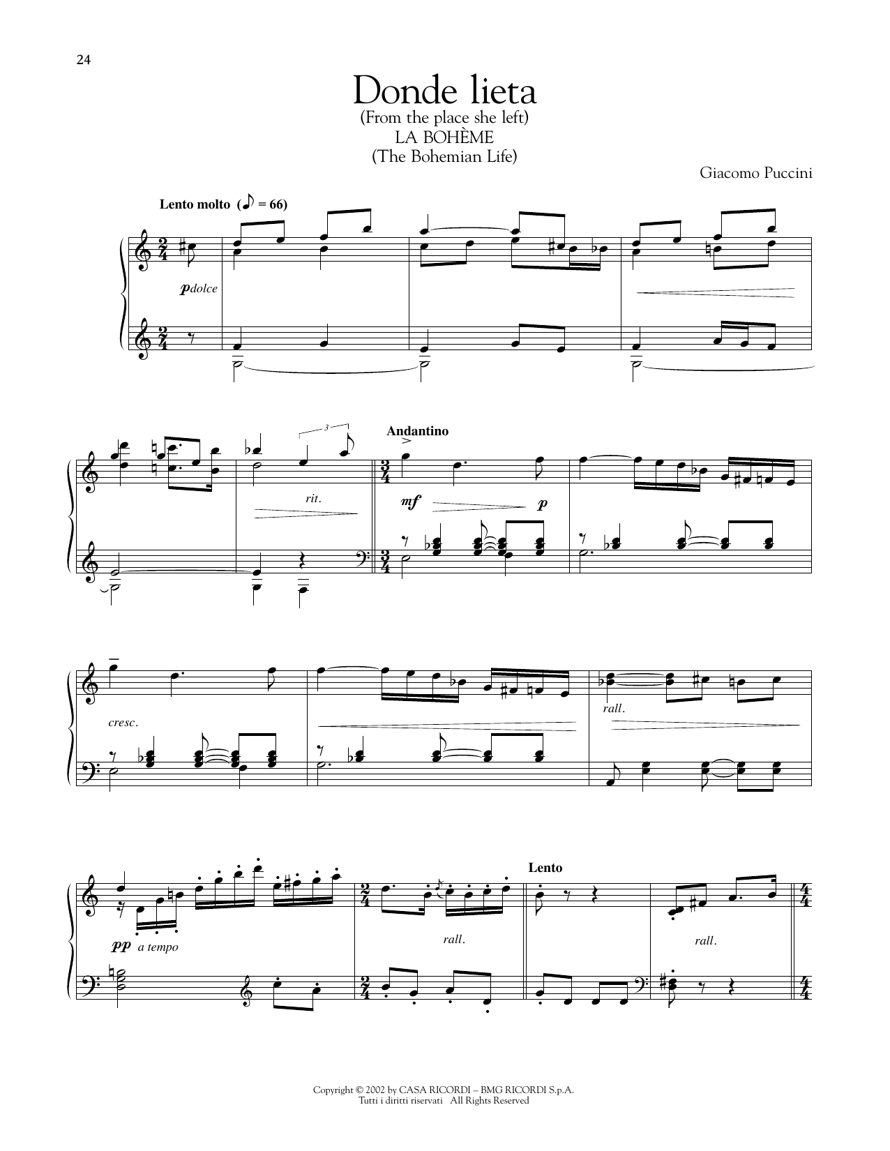 Giacomo Puccini Donde Lieta sheet music notes printable PDF score