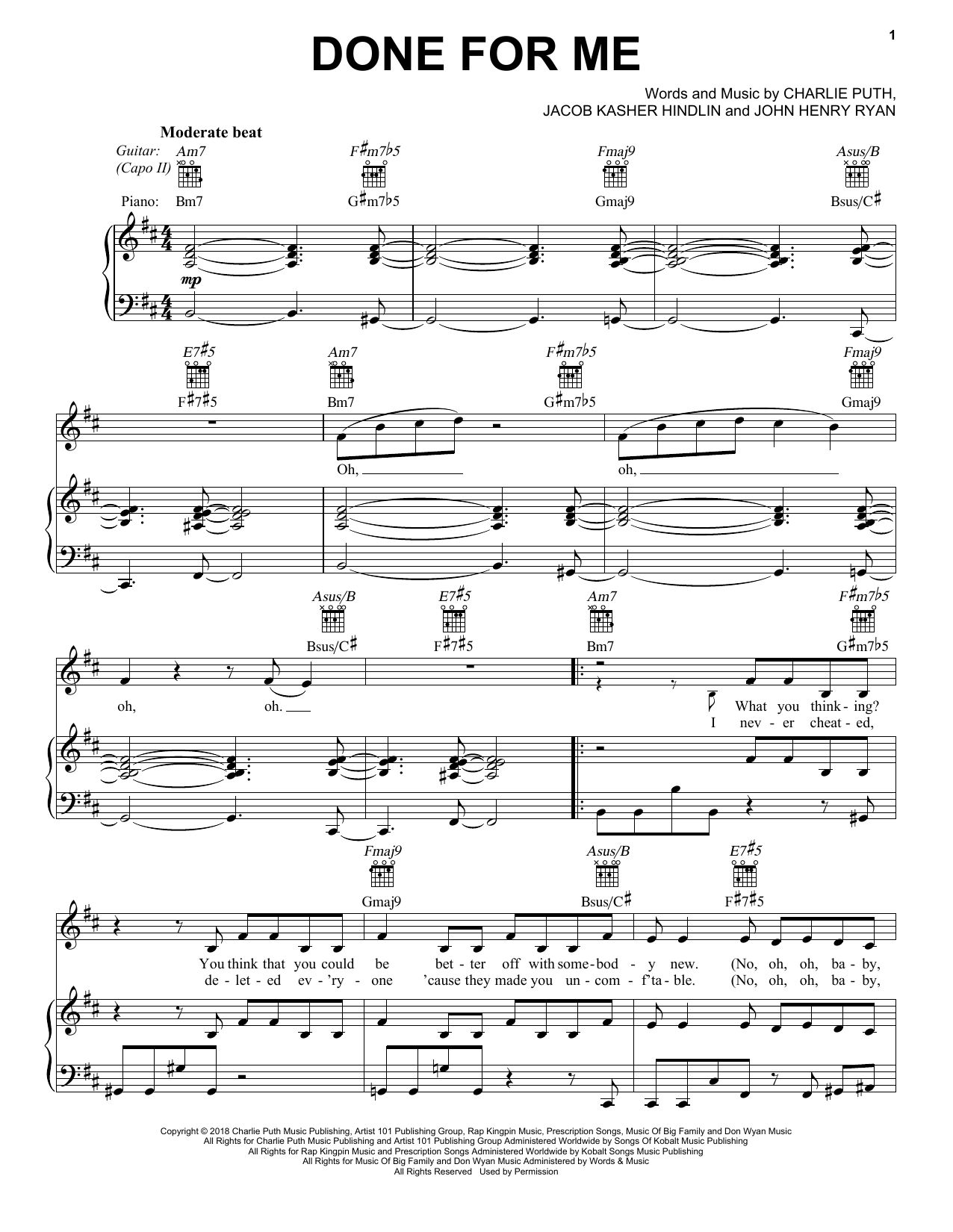 Download Charlie Puth Done For Me (feat. Kehlani) Sheet Music