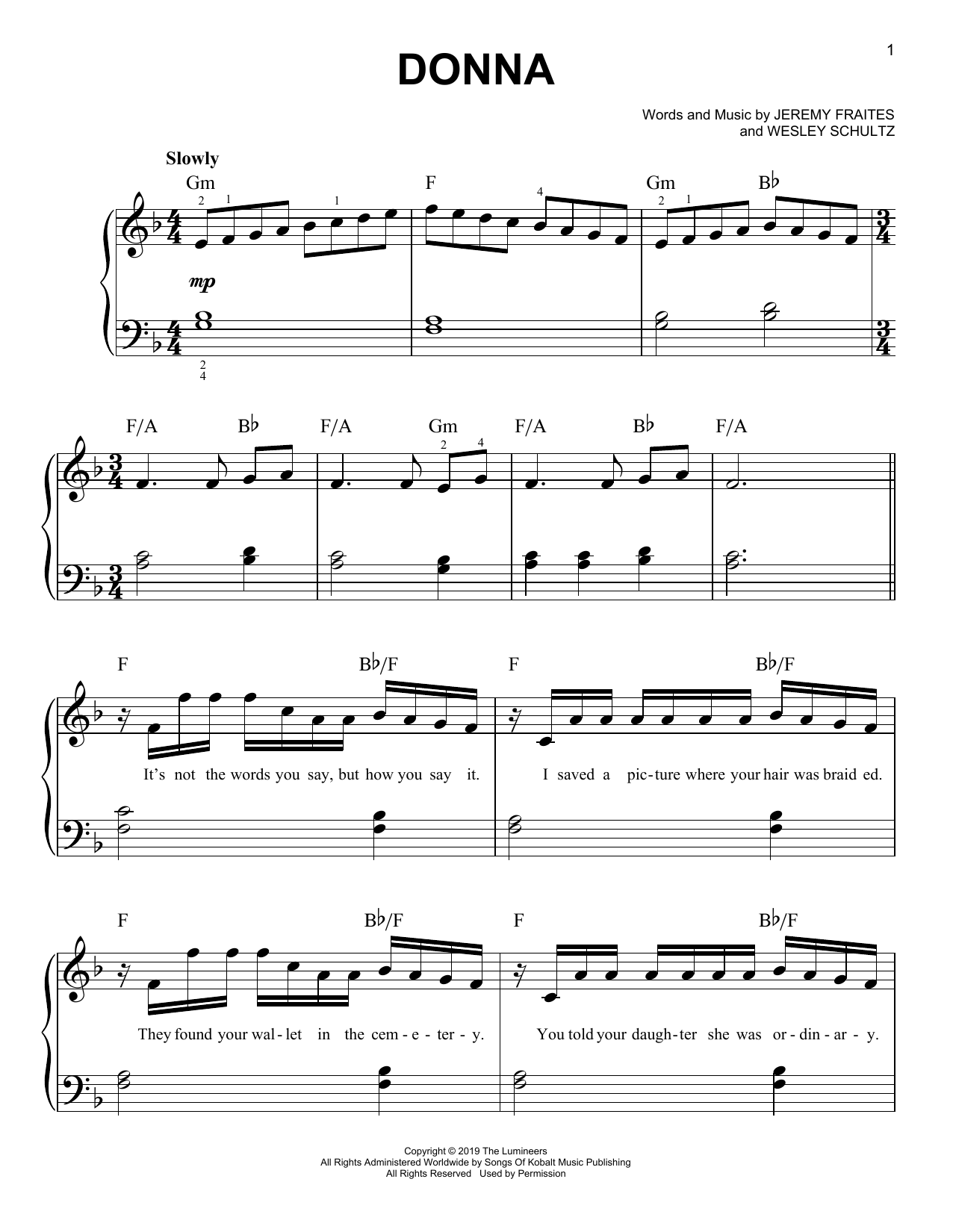 Download The Lumineers Donna Sheet Music