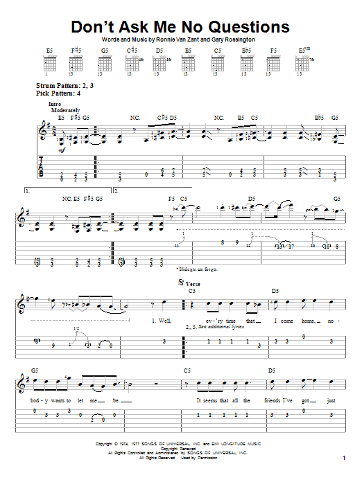 Download Lynyrd Skynyrd Don't Ask Me No Questions Sheet Music