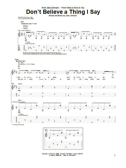 Download Jack Johnson Don't Believe A Thing I Say Sheet Music