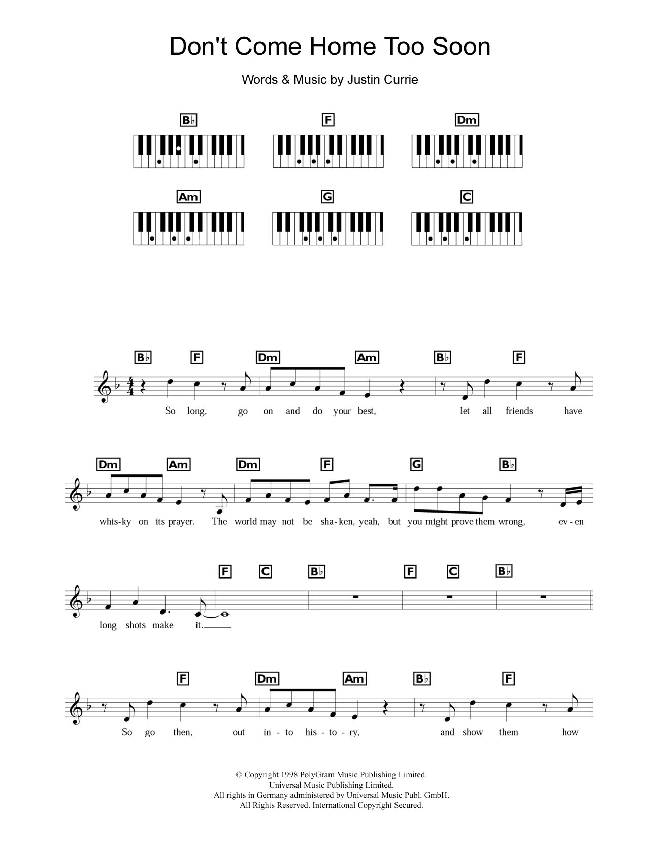 Download Del Amitri Don't Come Home Too Soon (Scotland's Wo Sheet Music