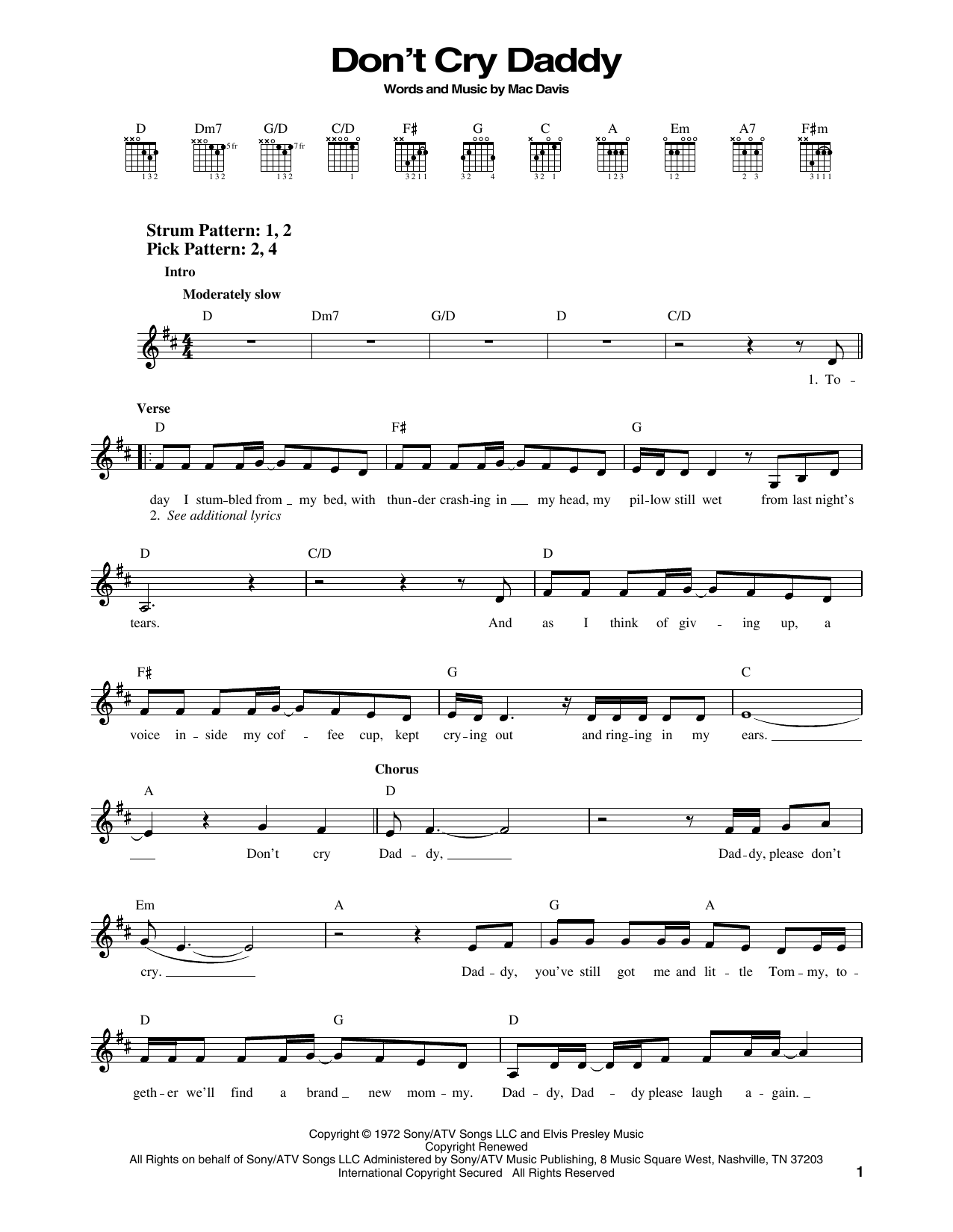 Elvis Presley Don't Cry Daddy sheet music notes printable PDF score