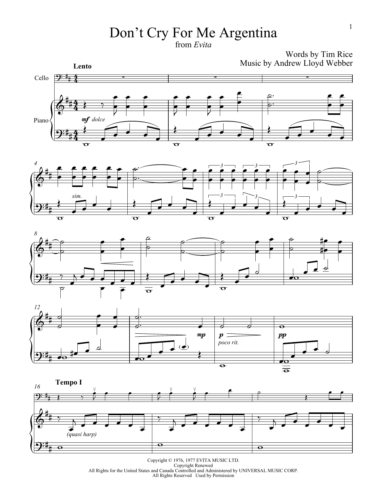 Download Andrew Lloyd Webber Don't Cry For Me Argentina (from Evita) Sheet Music