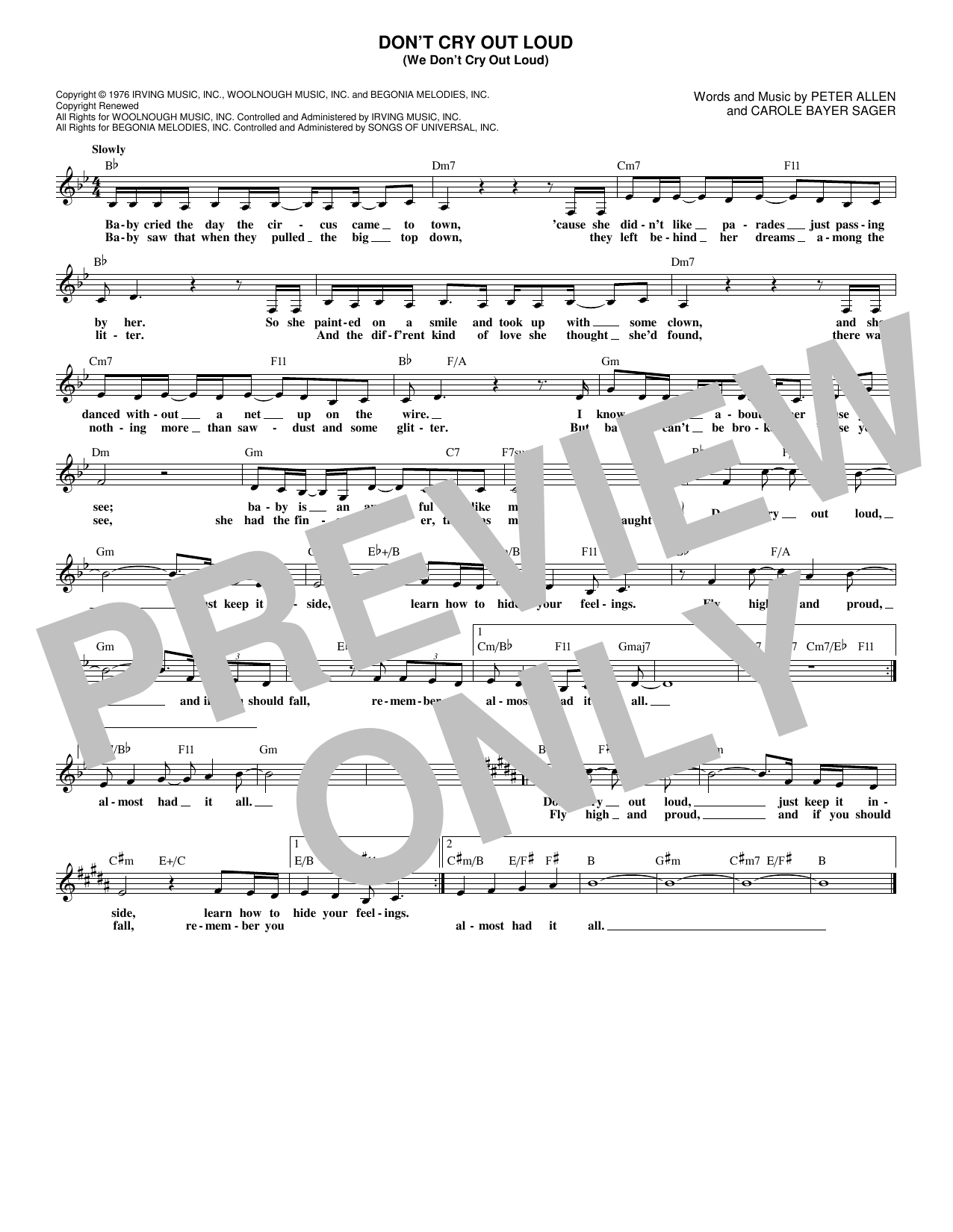 Download Melissa Manchester Don't Cry Out Loud (We Don't Cry Out Lo Sheet Music