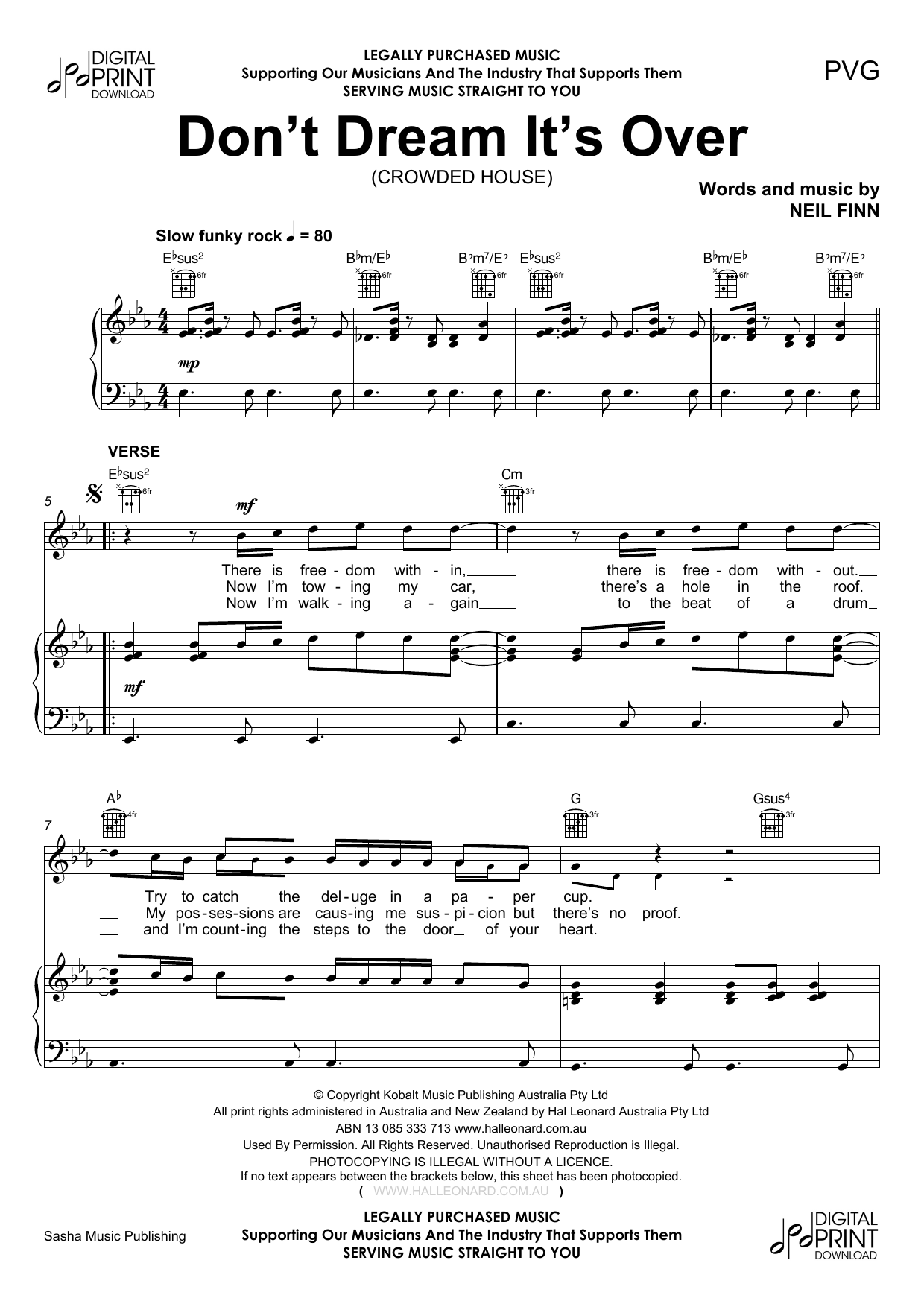 Download Crowded House Don't Dream Its Over Sheet Music