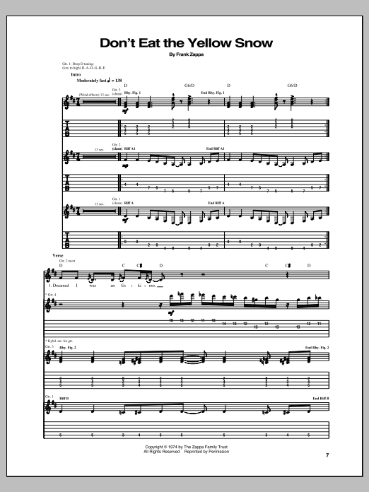 Download Frank Zappa Don't Eat The Yellow Snow Sheet Music