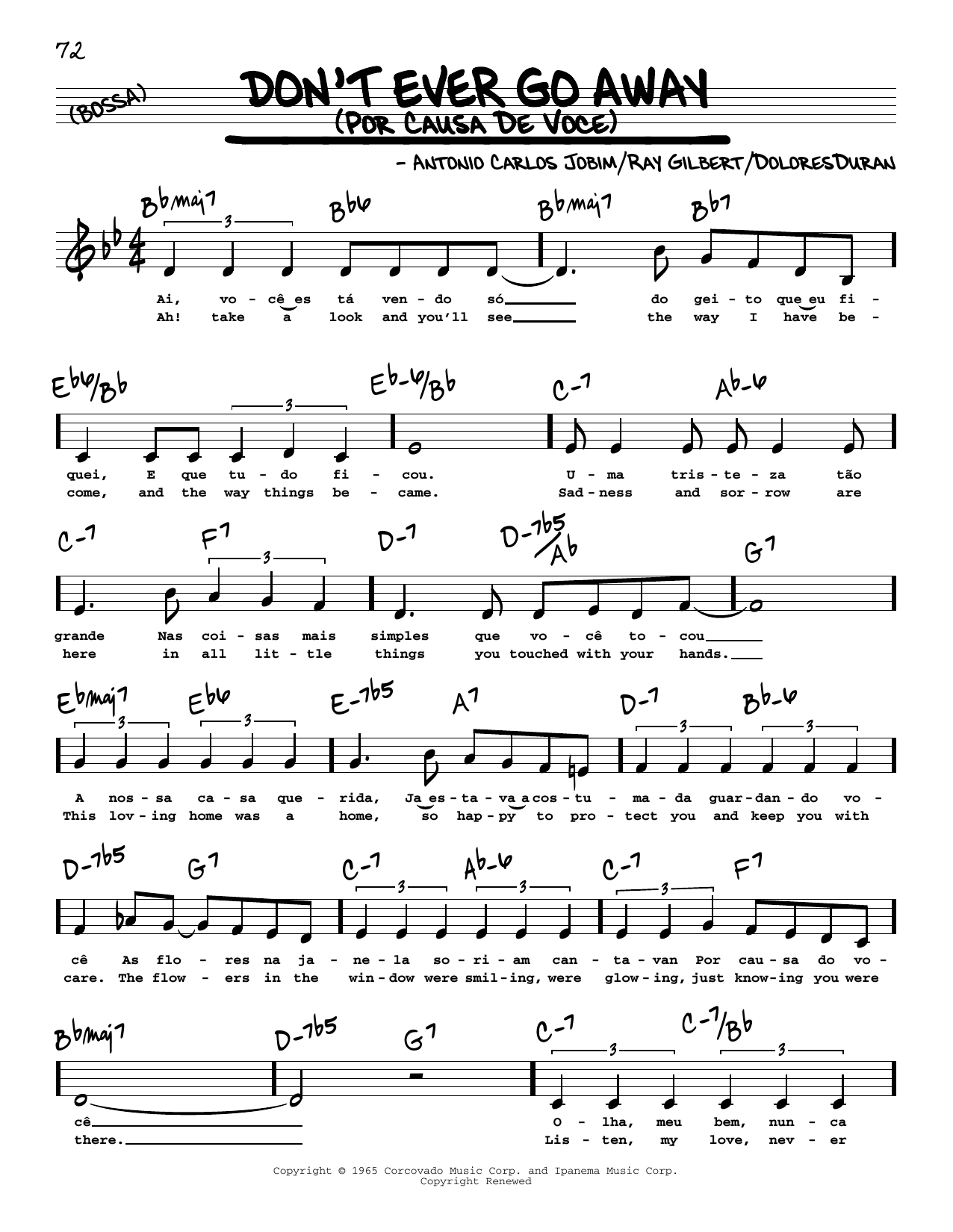 Antonio Carlos Jobim Don't Ever Go Away (Por Causa De Voce) (Low Voice) sheet music notes printable PDF score