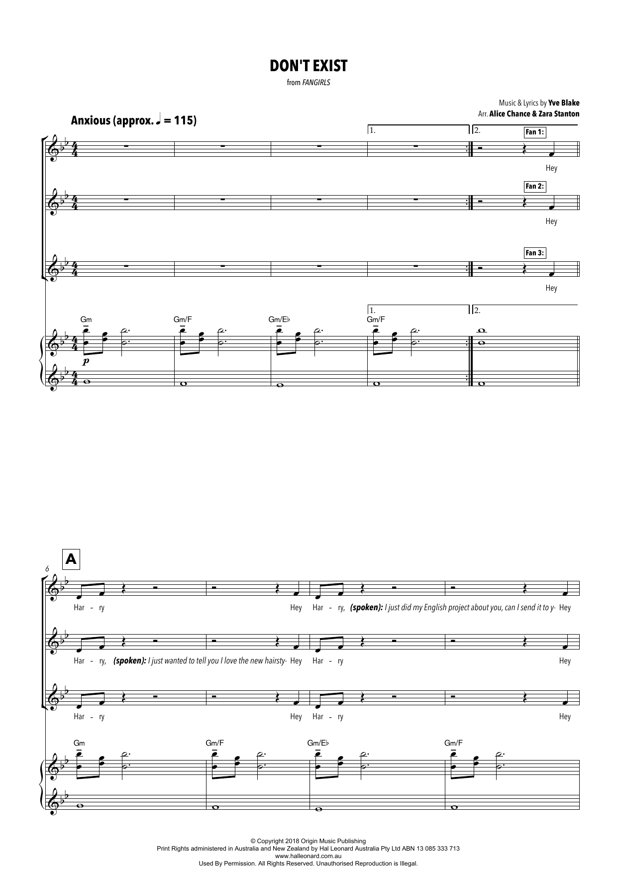 Download Yve Blake Don't Exist (from Fangirls) (arr. Alice Sheet Music