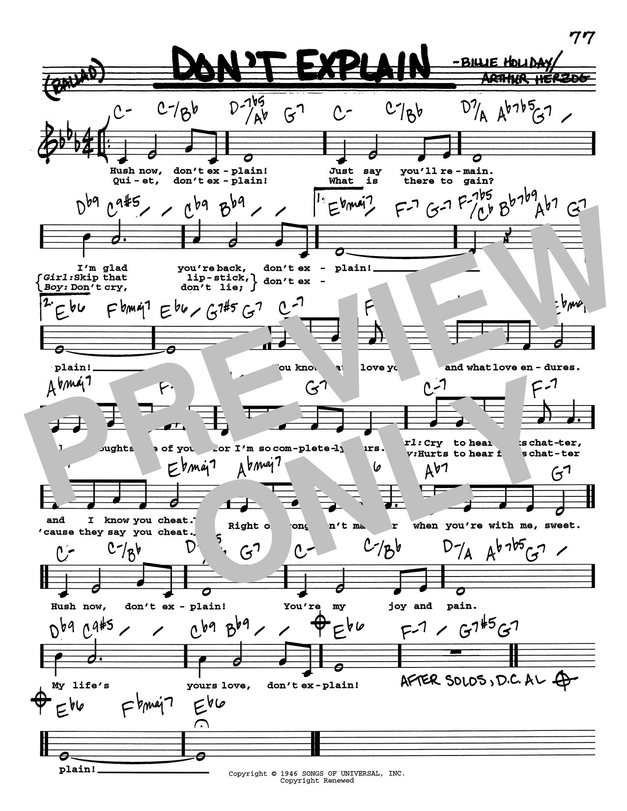 Billie Holiday Don't Explain (Low Voice) sheet music notes printable PDF score