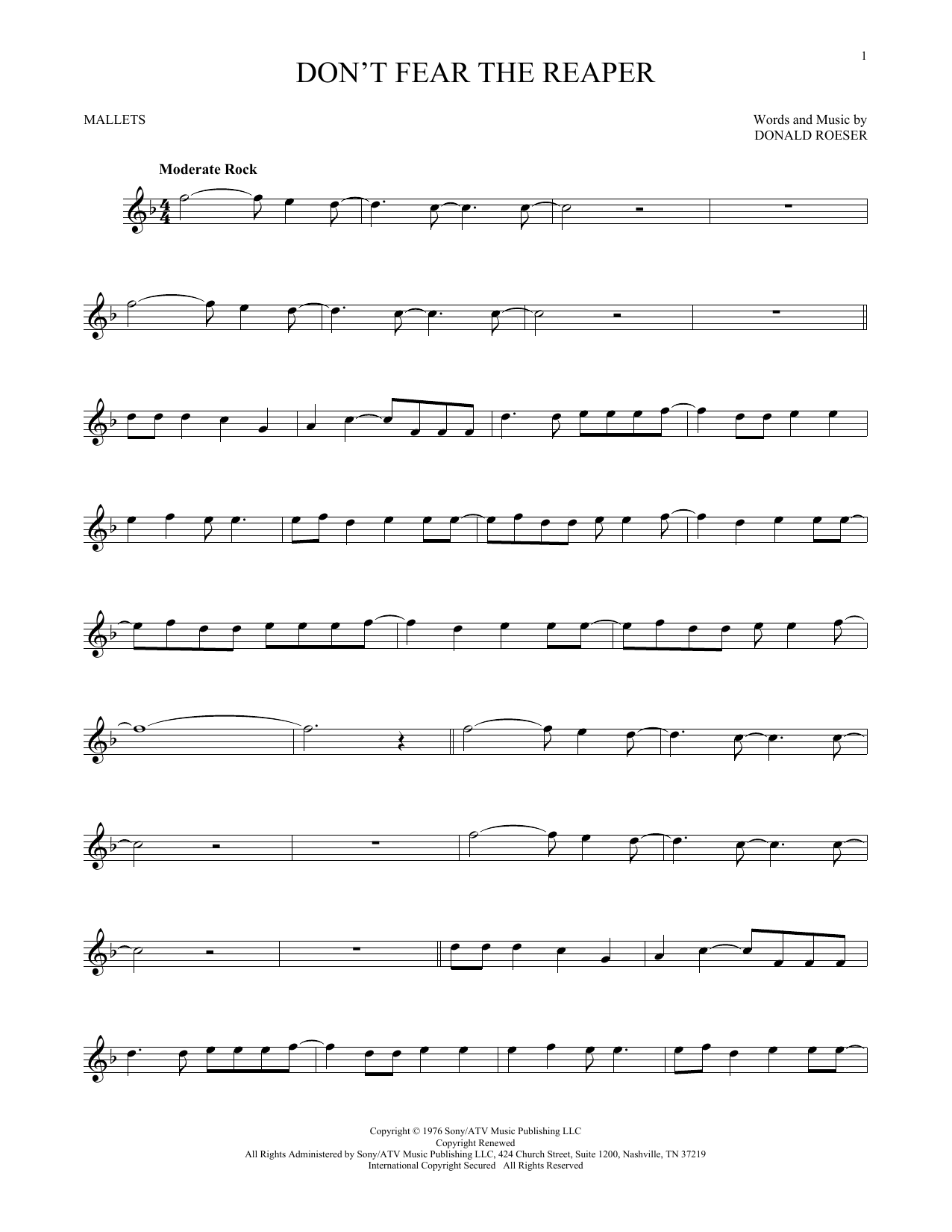 Blue Oyster Cult Don't Fear The Reaper sheet music notes printable PDF score