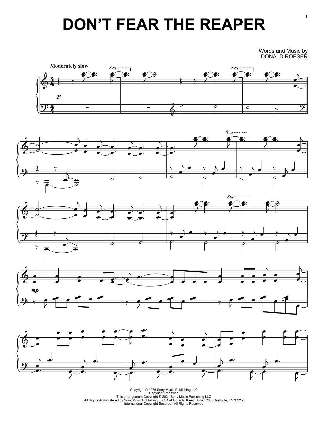 Download Blue Oyster Cult Don't Fear The Reaper [Classical versio Sheet Music