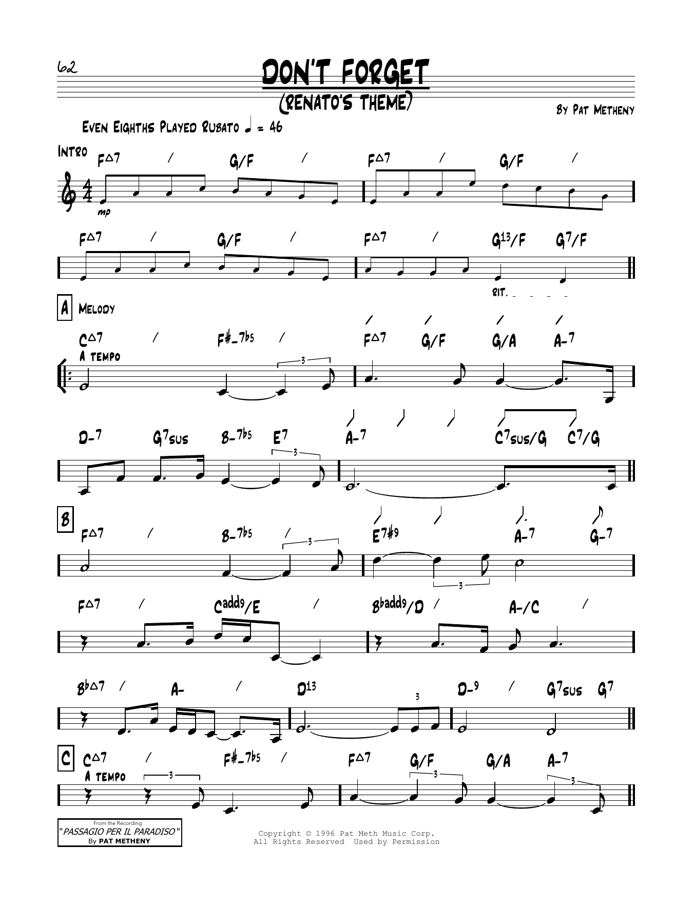 Download Pat Metheny Don't Forget (Renato's Theme) Sheet Music