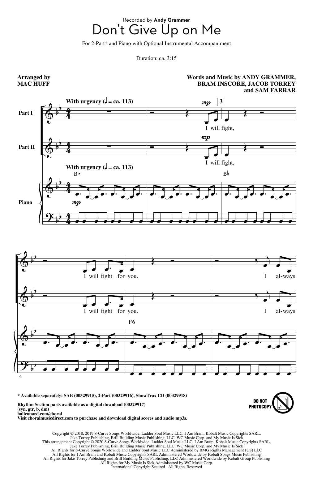 Download Andy Grammer Don't Give Up On Me (arr. Mac Huff) Sheet Music