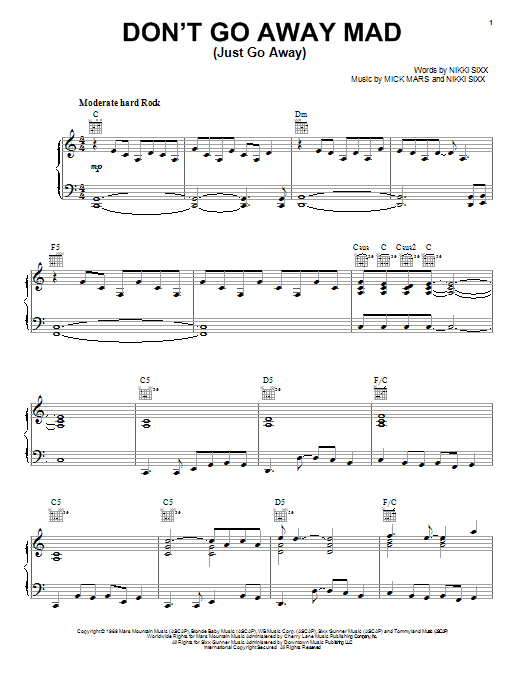 Download Motley Crue Don't Go Away Mad (Just Go Away) Sheet Music
